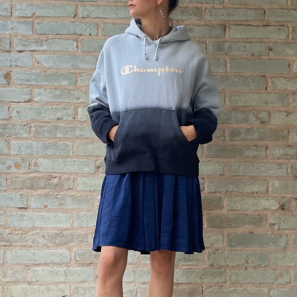Champion Spellout Hoodie Blue Ombre Dip Dye Reverse Weave Embroidered Sweatshirt - Picture 3 of 14